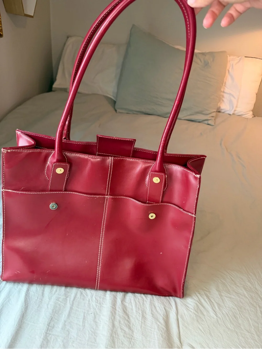 Red Leather Laptop Tote Bag with Dual Top Handles